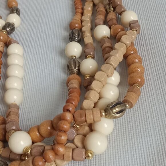 Vintage Tan & Beige Wooden & Metal Beads Multi Strand Layered Statement Necklace - Picture 4 of 9